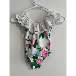 Janie and Jack Floral Eyelet Ruffle Swimsuit Girls 3 White Pink Hydrangea